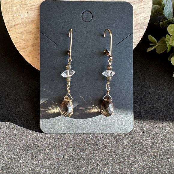 Herkimer Diamond and Smoky Quartz Earrings 14k Gold Lever back - Picture 7 of 11